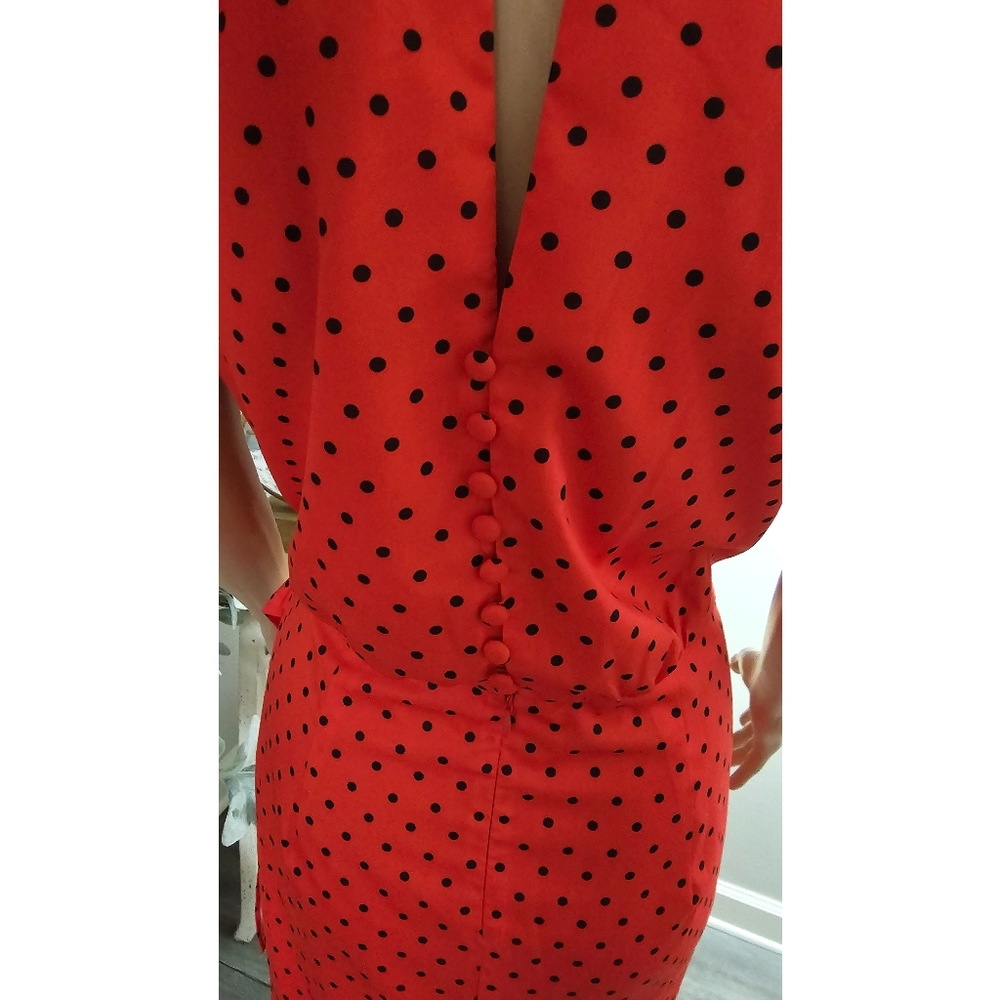 Retro Floryday Red & Black Polka Dot Waist Gathered Open back Sheath Dress - Picture 7 of 9